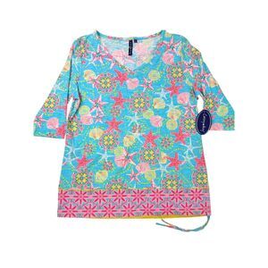 Casey Key Top Blue Pink Starfish Shell Coastal Ruched Studded Tee Size Large NWT